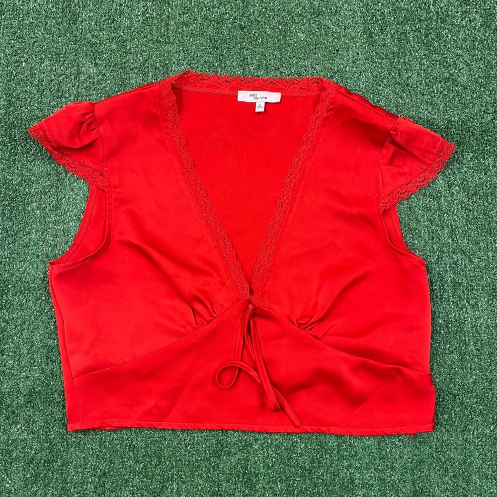 Y2K Edit By Nine Red Satin Lace Trim Tie Front Crop Top‎ Cap Sleeve